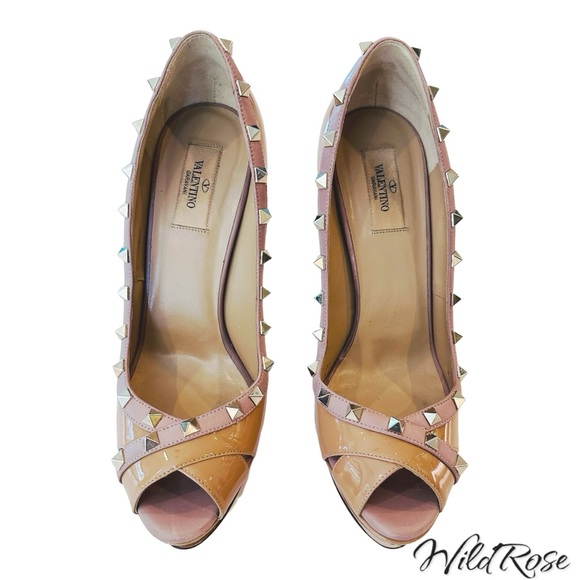 VALENTINO GARAVANI NUDE PATENT LEATHER ROCKSTUD PATENT LEATHER PEEP TOE PUMPS 41 - Picture 7 of 17